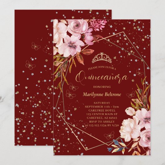 Invitation moderne de Quinceañera rouge foncé (Devant / Derrière)