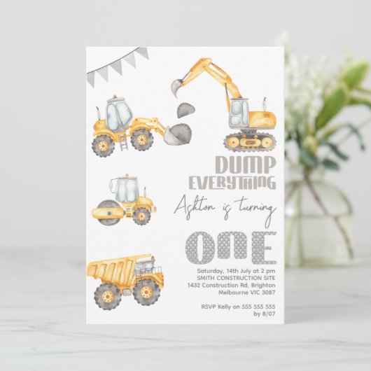 Invitation Moderne Dépouille Tout Construction 1er Anniversai (Debout devant)