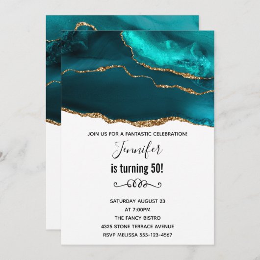 Invitation Moderne Design Turquoise Or & Blanc Agate Annivers (Devant / Derrière)
