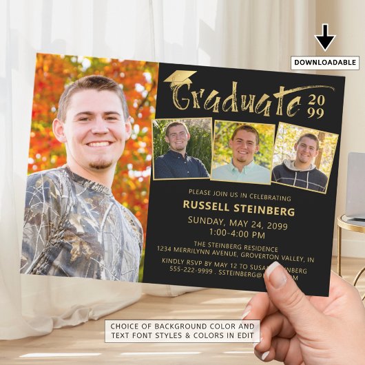 Invitation Moderne Diplômé 4 Photos Black Gold Main Lettré