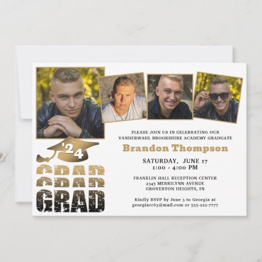 Invitation Moderne Diplômée 4 Photos Gradient Or Noir (Devant)