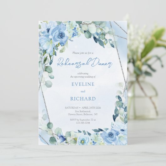 Invitation Moderne douce pastel fleurs bleues argent répétiti (Debout devant)
