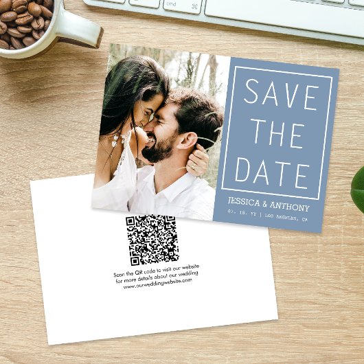 Invitation Moderne Dusty Blue Enregistrer la date Photo QR Co