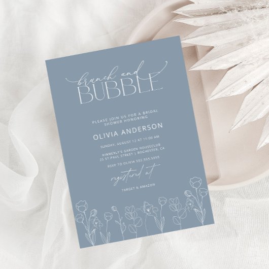 Invitation Moderne Dusty Blue Floral Brunch & Bubbly Douche