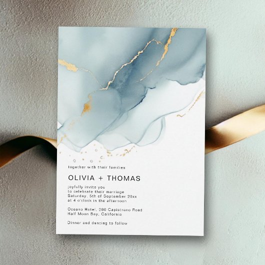 Invitation Moderne Dusty Blue Gold Ocean Waves Beach Wedding