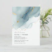 Invitation Moderne Dusty Blue Gold Ocean Waves Beach Wedding (Debout devant)