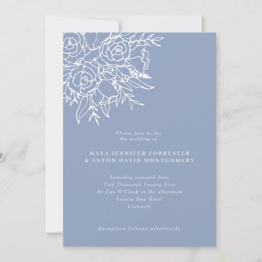 Invitation Moderne Dusty Blue Line Art Floral Mariage (Devant)