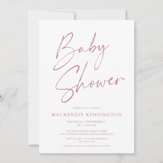 Invitation Moderne Dusty Mauve Pink Script Baby Girl Douche (Devant)