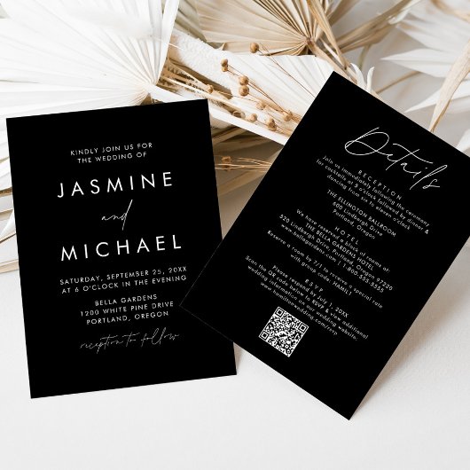 Invitation Moderne Écriture Noir Tout En Un Code QR Mariage