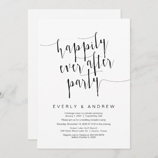 Invitation Moderne écriture noire éditable, mariage en fuite (Devant / Derrière)