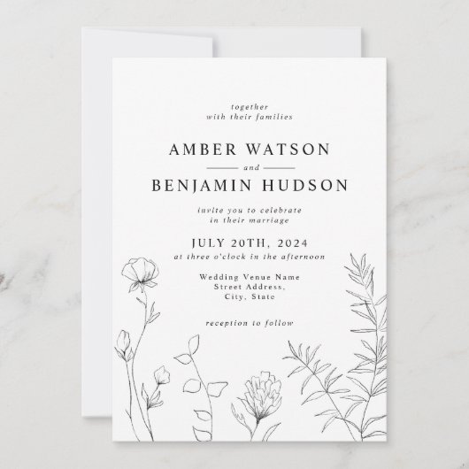 Invitation Moderne Elegance Line Art Fleur sauvage Floral Mar (Devant)
