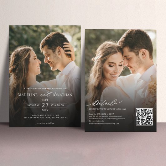 Invitation Moderne Elegant 2 Photo QR Code Tout en un Mariage