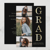 Invitation Moderne Elegant Black Gold 3 Photo Graduation (Devant / Derrière)