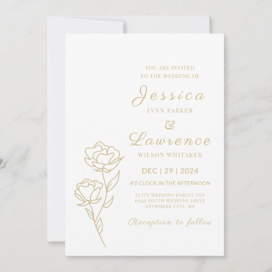 Invitation Moderne Elégant blanc et or Mariage floral (Devant)