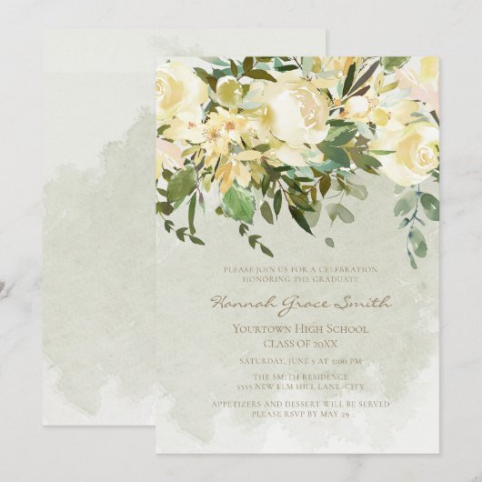 Invitation Moderne Elégant Blanc Floral Eucalyptus Graduation (Devant / Derrière)