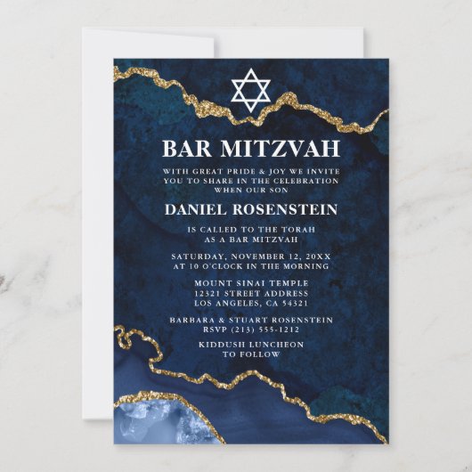 Invitation Moderne Elegant Bleu Marbre Or Géode Bar Mitzvah (Devant)