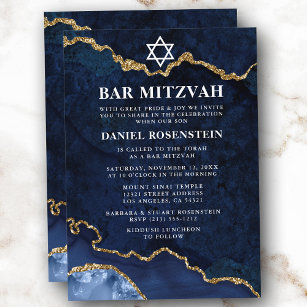 Invitation Moderne Elegant Bleu Marbre Or Géode Bar Mitzvah