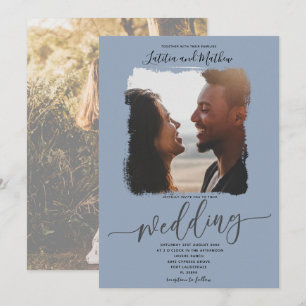 Invitation Moderne Élégant Bleu Poussiéreux photo de mariage