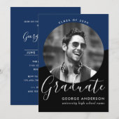 Invitation Moderne Elegant Blue Black Photo Party Graduation (Devant / Derrière)