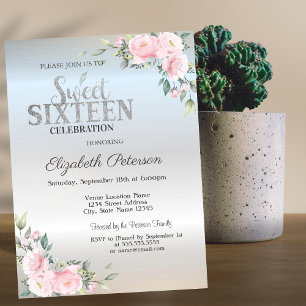 Invitation Moderne Élégant Bokeh Floral Argenté Sweet 16