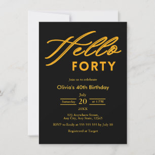 Invitation Moderne Élégant Bonjour Quarante Noir Or 40e Anniv