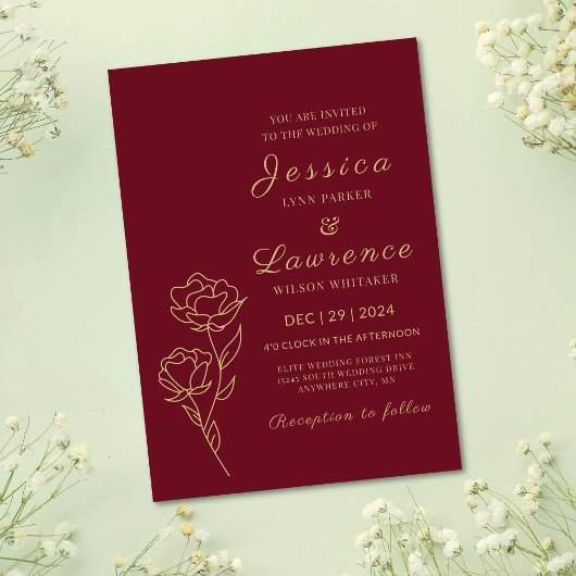 Invitation Moderne Elégant bordeaux et or Floral Mariage