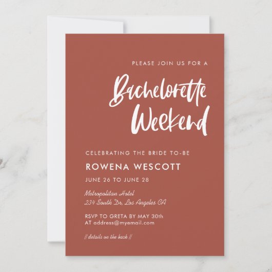 Invitation Moderne élégant brick brick Bachelorette Week-end (Devant)