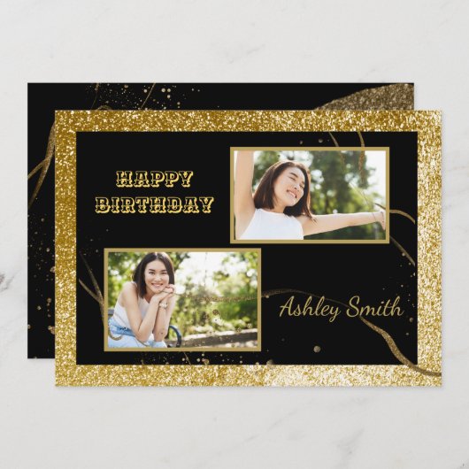 Invitation Moderne élégant chic noir et or doux 16 (Devant / Derrière)