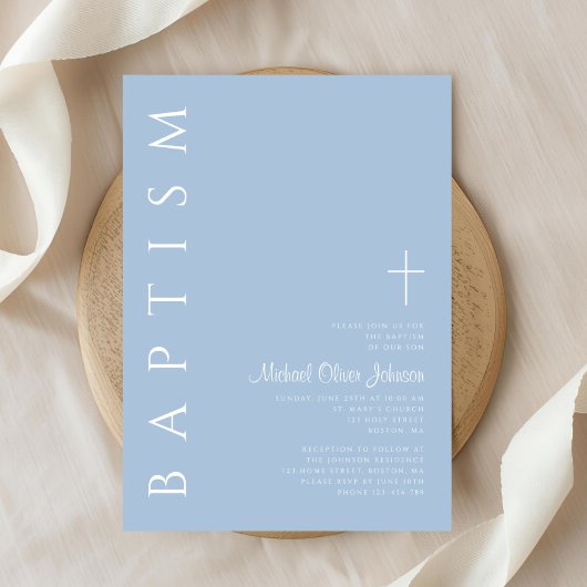 Invitation Moderne Elegant Croix Bleue Baptême garçon