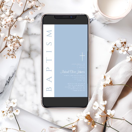 Invitation Moderne Elegant Croix Bleue Baptême garçon
