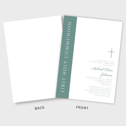 Invitation Moderne Elegant Croix Verte Boy First Communion