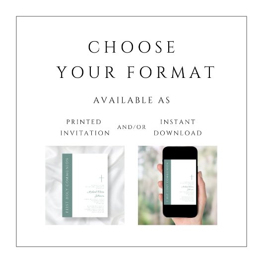 Invitation Moderne Elegant Croix Verte Boy First Communion