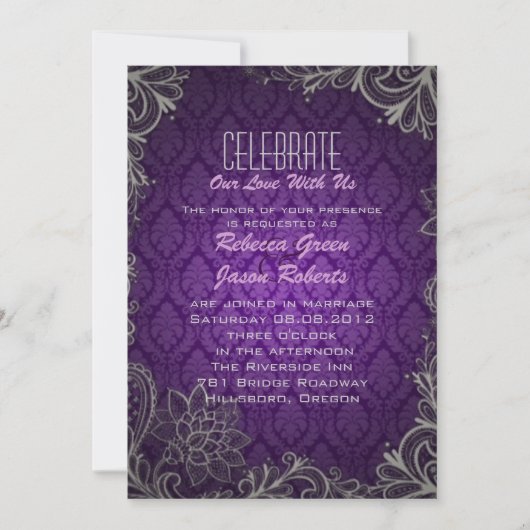 Invitation moderne élégant damask violet mariage (Devant)