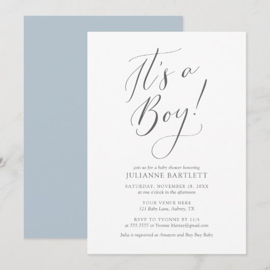 Invitation Moderne Elegant Dusty Blue C'est un Baby shower ga (Devant / Derrière)