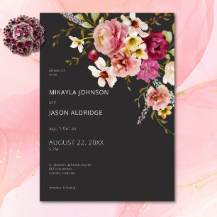 Invitation Moderne Elégant été prairie floral noir Mariage