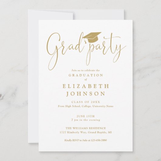 Invitation Moderne Elégant Gold Grad Party Script Grad Grad G (Devant)