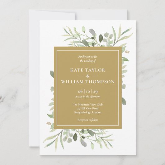 Invitation Moderne Elegant Gold Greenery Foliage Mariage (Devant)
