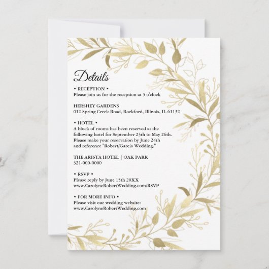 Invitation Moderne Elegant Gold Leaf Détails Mariage Invitati (Devant)