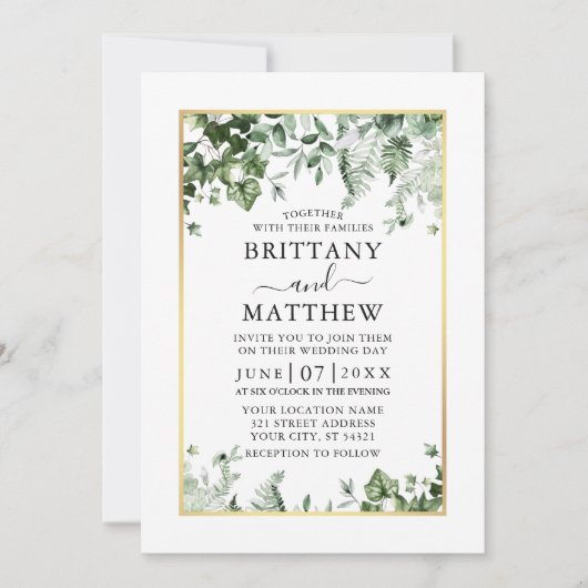 Invitation Moderne Elegant Ivy Sage Greenery Mariage or (Devant)