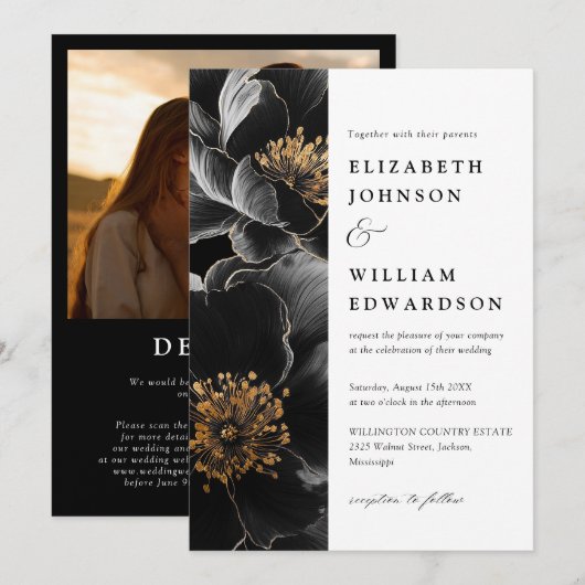 Invitation Moderne Elégant luxe floral photo QR Code Mariage (Devant / Derrière)