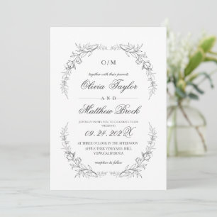 Invitation Moderne & Élégant Mariage Floral Blanc Noir França