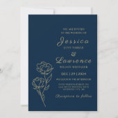 Invitation Moderne Elegant Marine bleu et or Floral Mariage (Devant)