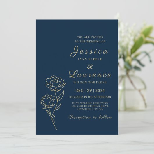 Invitation Moderne Elegant Marine bleu et or Floral Mariage (Debout devant)