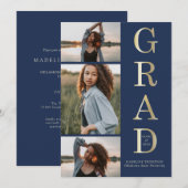 Invitation Moderne Elégant Marine Bleu Or 3 Photo Graduation (Devant / Derrière)