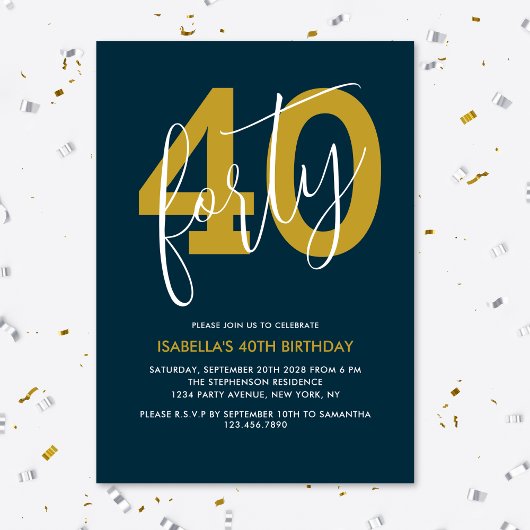 Invitation Moderne Elegant Marine Bleu Or 40e anniversaire