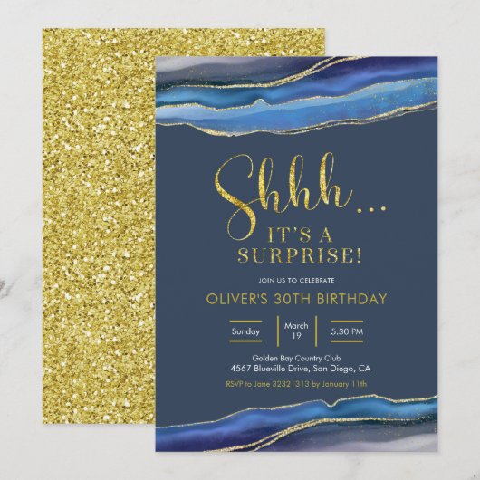 Invitation Moderne Elégant Marine Blue Agate Surprise Anniver (Devant / Derrière)
