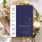Invitation Moderne Elegant Marine Croix Bleue Baptême