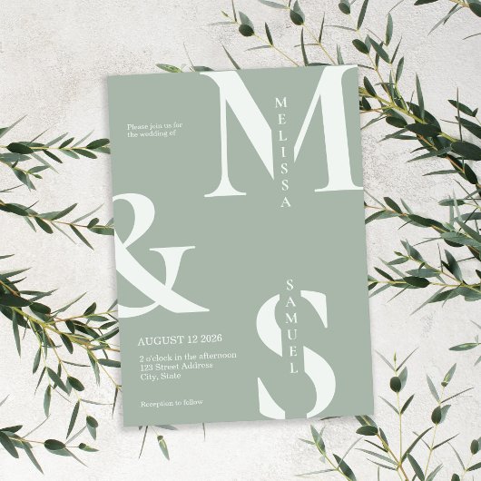 Invitation Moderne Élégant Monogramme Sage Mariage vert