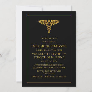 Invitation Moderne Élégant Noir Or Diplômé de l'École d'Infir