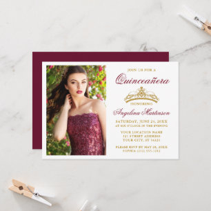 Invitation Moderne Elegant Or Couronne Bourgogne Quinceanera